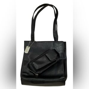 Vintage Y2K Faux Leather Tote With Attached Phone Holder & Wallet In Black
